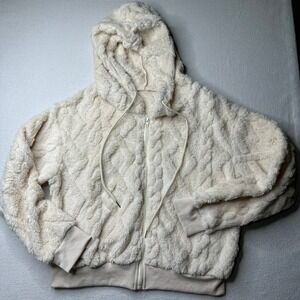 Creamy Off White Fuzzy Knit Zip Up Hoodie Jacket Women's Size S Cozy Soft